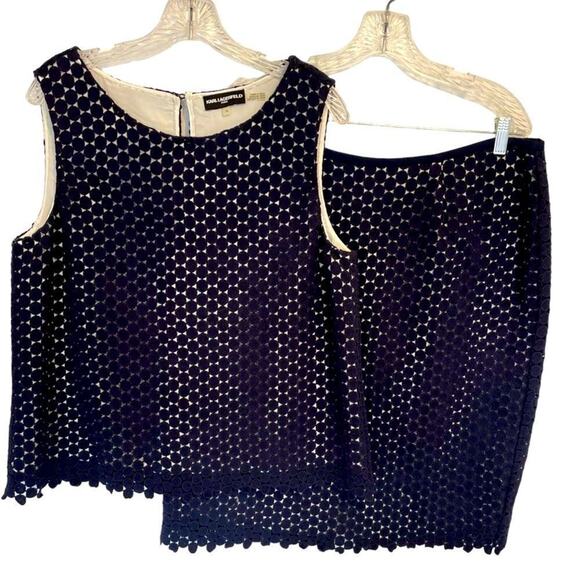 Karl Lagerfeld Navy Crochet 2 Piece Set Top and Skirt, Size 16 - Picture 1 of 13